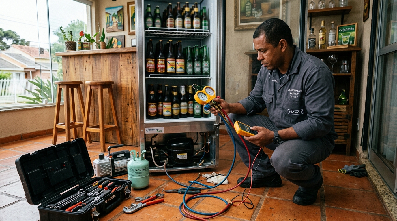 Profissional executando reparo no motor de cervejeira em Indaiatuba‑SP