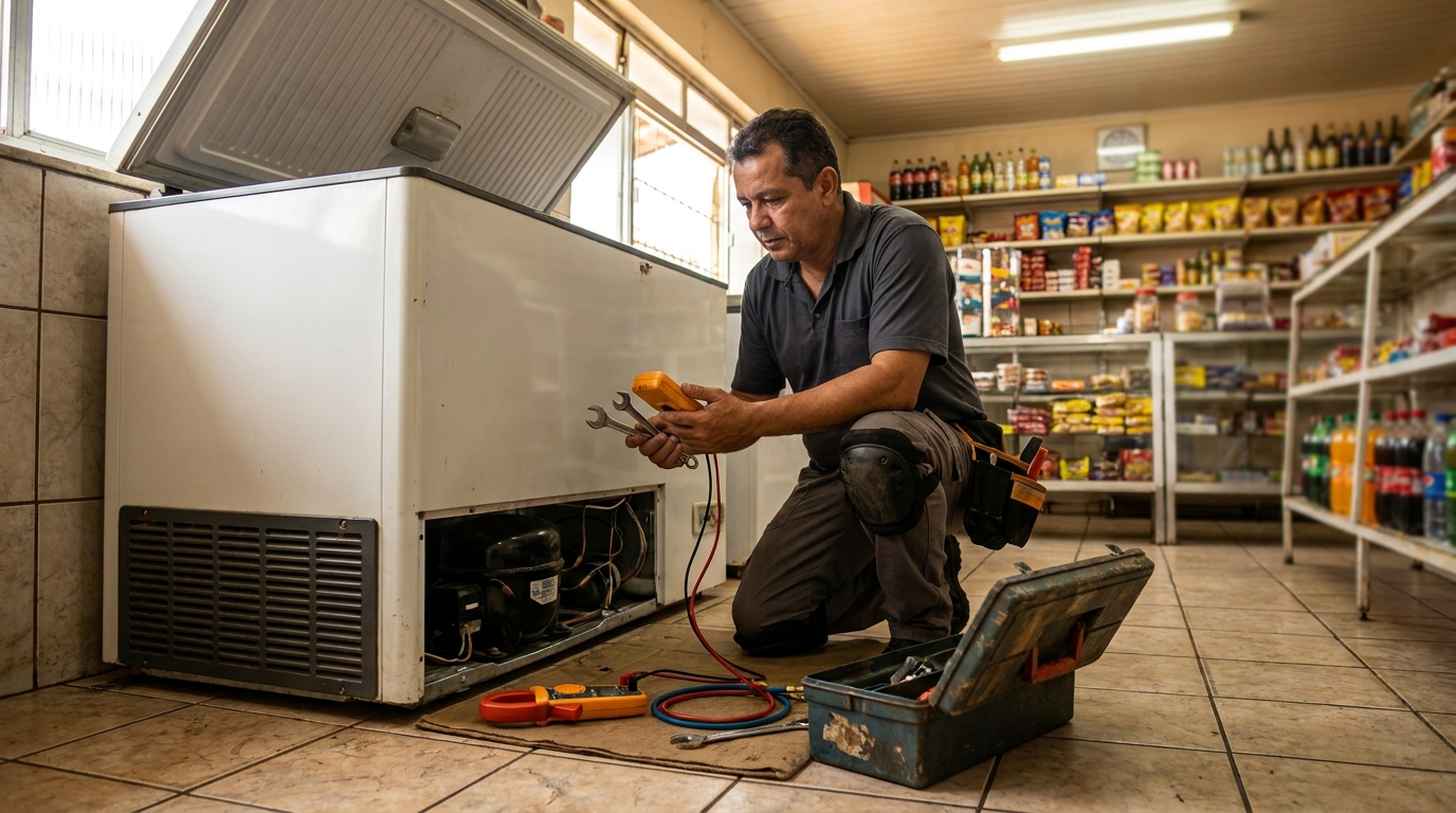 Profissional executando manutenção no motor de freezer em Indaiatuba‑SP