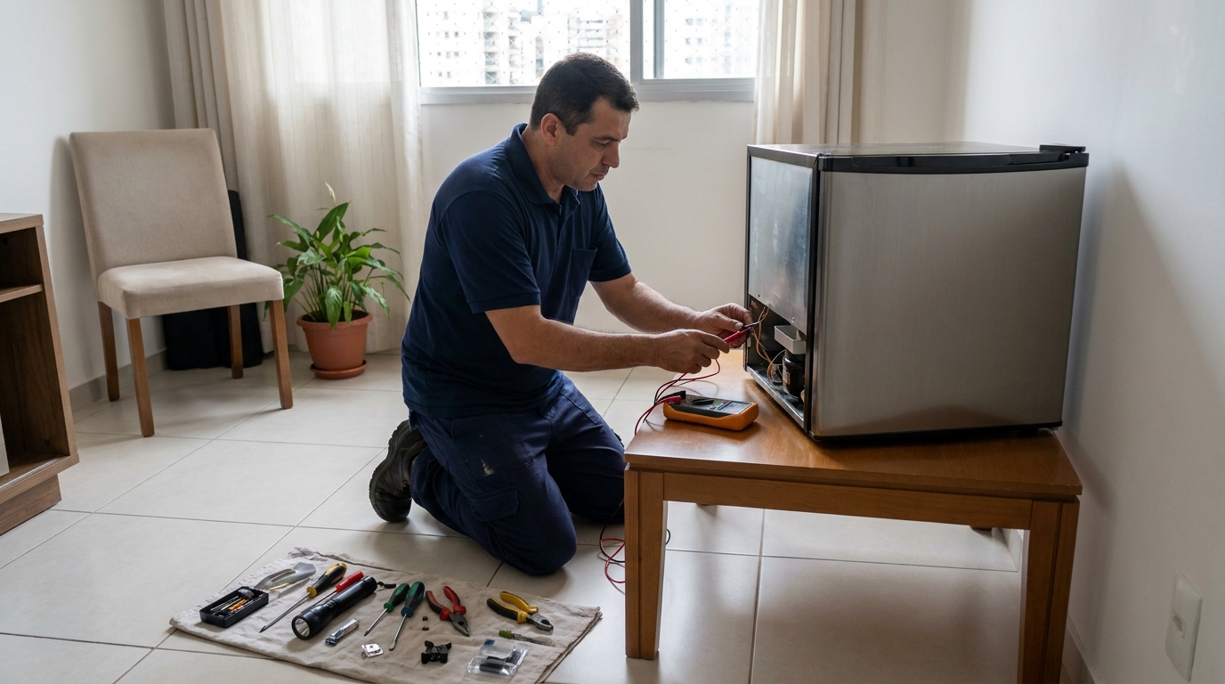 Técnico fazendo manutenção do motor de frigobar em Indaiatuba‑SP
