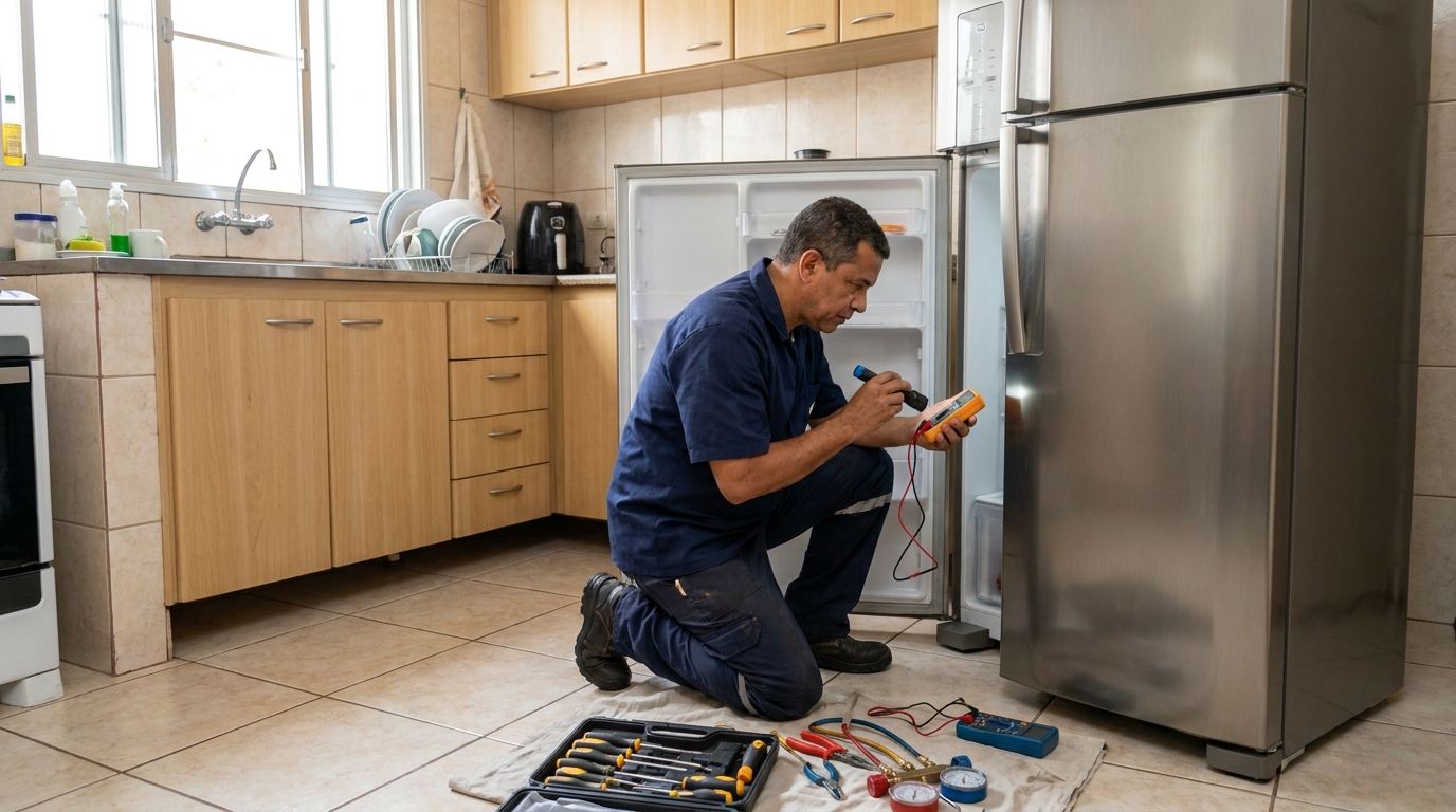 Técnico aplicando recarga de gás refrigerante em geladeira em Indaiatuba‑SP